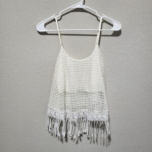 Lace Crop Cami Womens XS S Off White Fringe Summer Boho Beachy Festival Casual